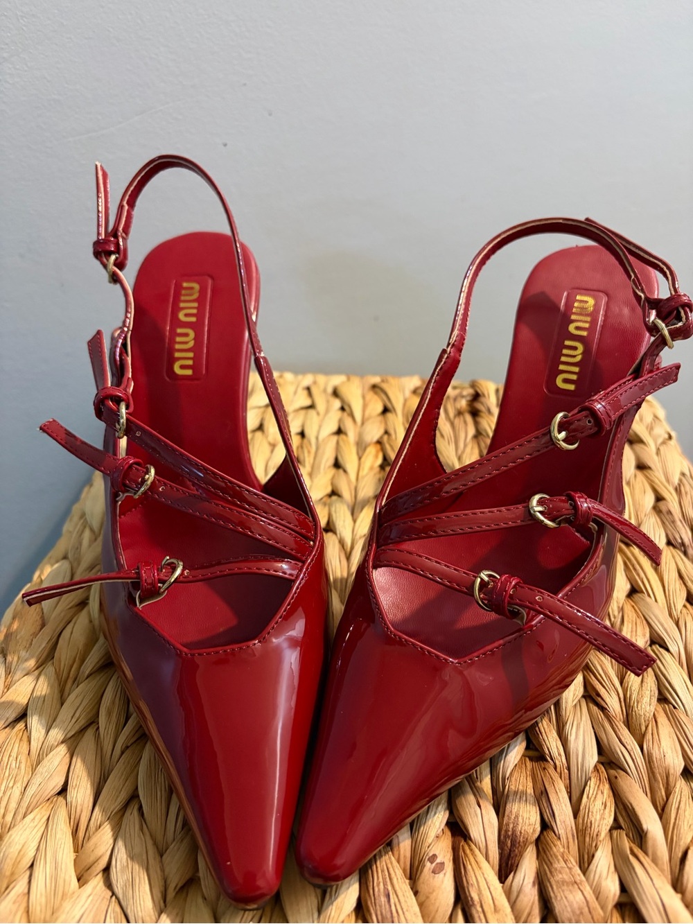 Miu Miu Burgundy Patent Pointed Slingback Pumps
